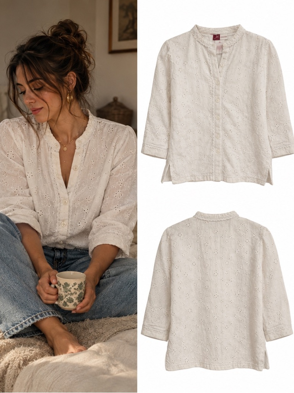 JM Collection White Eyelet Button-Front Blouse